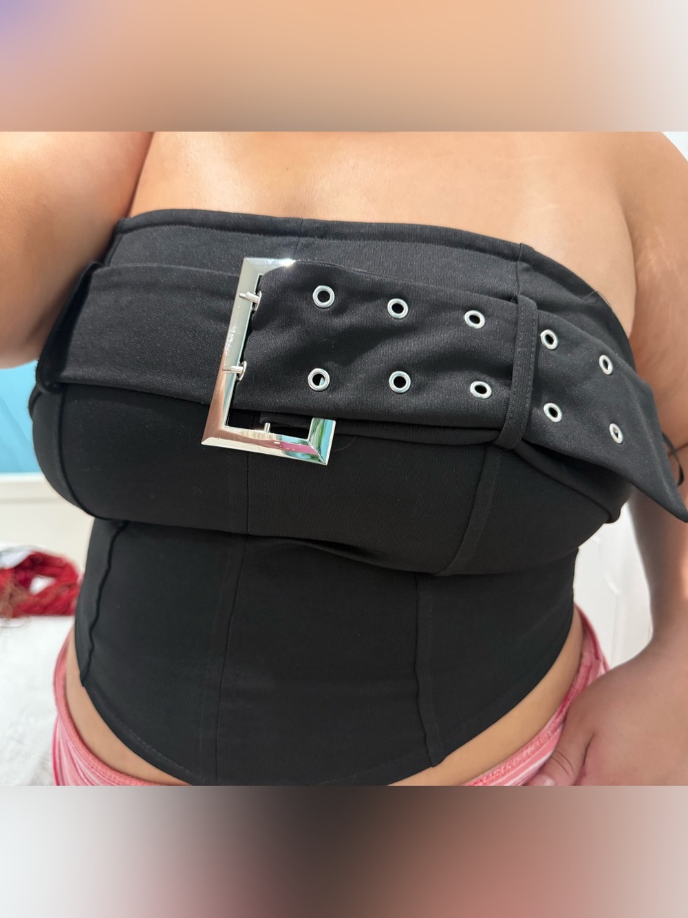 Black Corset-Style Belt Top with Silver Buckle